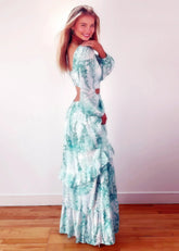 A Line Green Floral Long Sleeve V Neck Formal Dress with Ruffles - Light Green Floral - PromDressClub